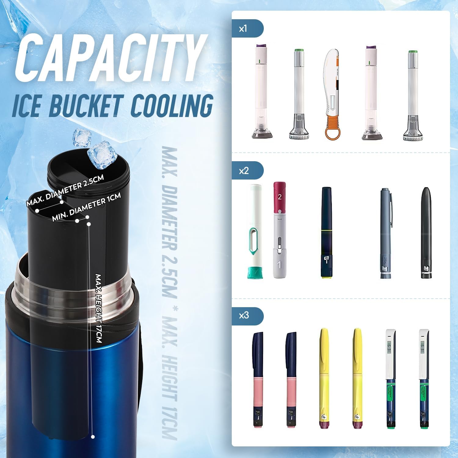 Insulin pens stored inside the CGOLDENWALL portable cooler, demonstrating internal capacity.