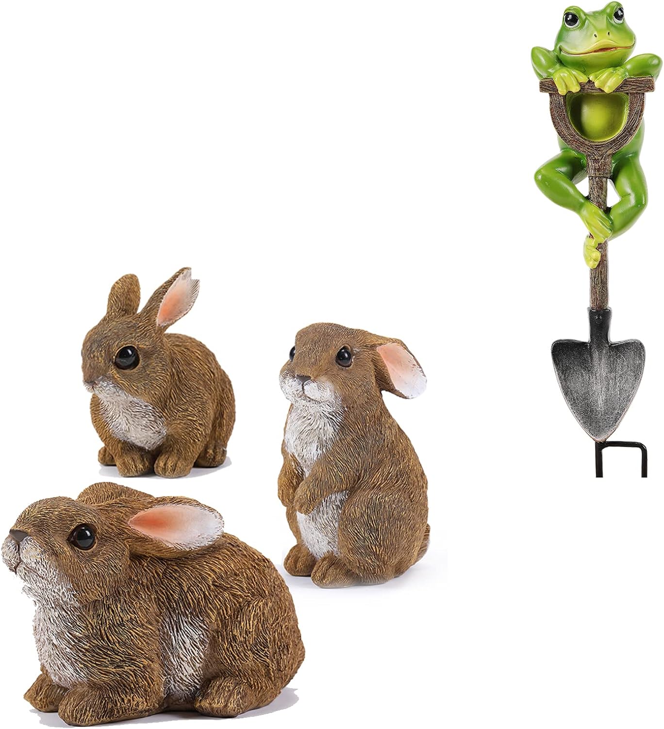 Bunny Decor Yard Decorations Outdoor Set of 3 and Frog Climbed up The Shovel Stake