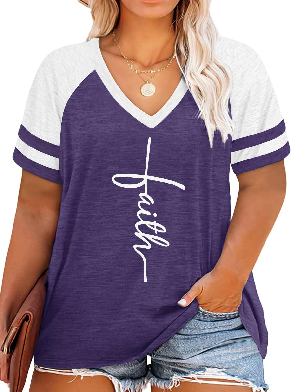 HDLTEWomen's Plus Size Tops Crewneck Short Sleeve Shirt Inspirational Faith Graphic Summer T-Shirt 1X-4X