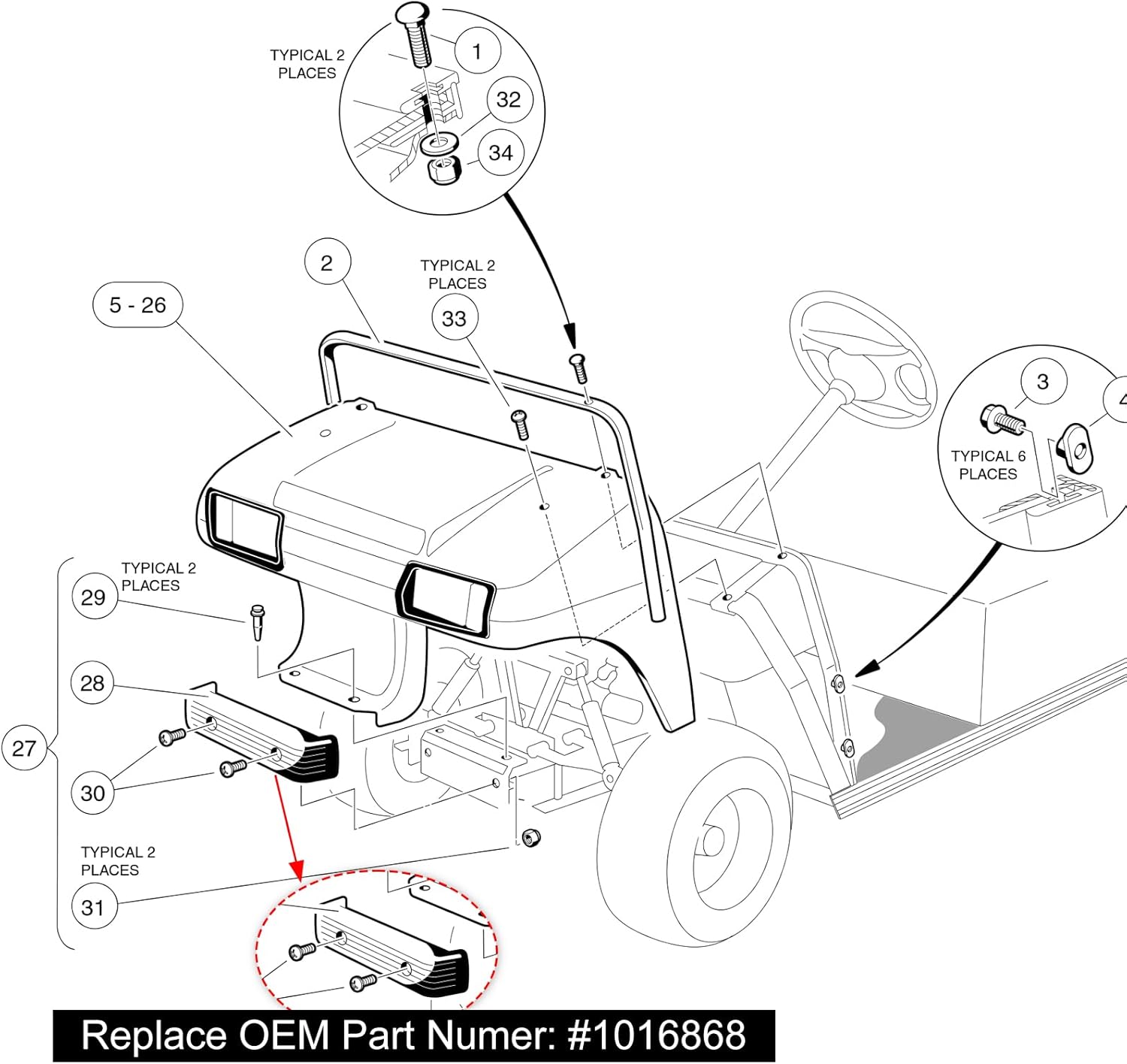 Roykaw Golf Cart Front Bumper with Bolts Fits for Club Car DS Gas and Electric 1993-Up Golf Cart, Durable Molded Plastic, Black Bumper Traverse Accessories, OEM#1016868