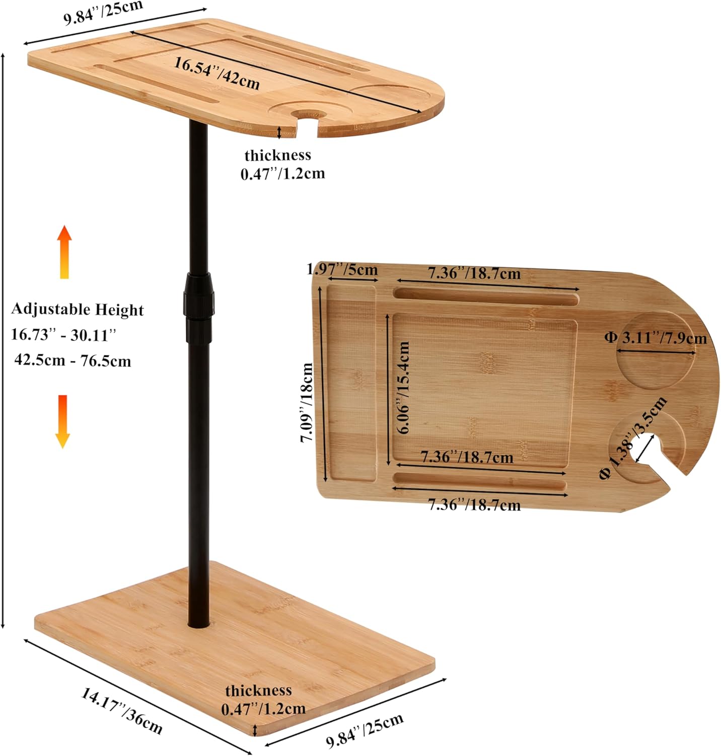 TV Tray Adjustable Dinne Adjustable Height,360° Rotatable Sofa Tray Table for Couch Arm,with Phone & Tablet Slot,TV Trays for Eating on Couch, Bedroom or Livingroom,in Bamboo (Oval + Rectangle)