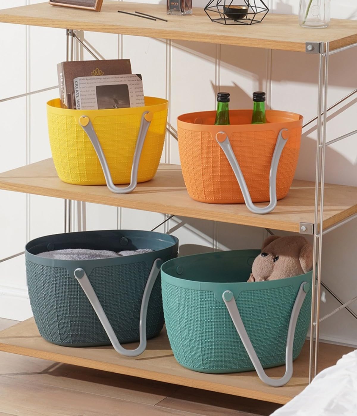 キッチン浴室用シャンプーバスケット洗濯袋家庭用プラスチック製取っ手付き 温泉袋浴室バッグ買い物 小物収納かご籐多機能買い物かご取っ手