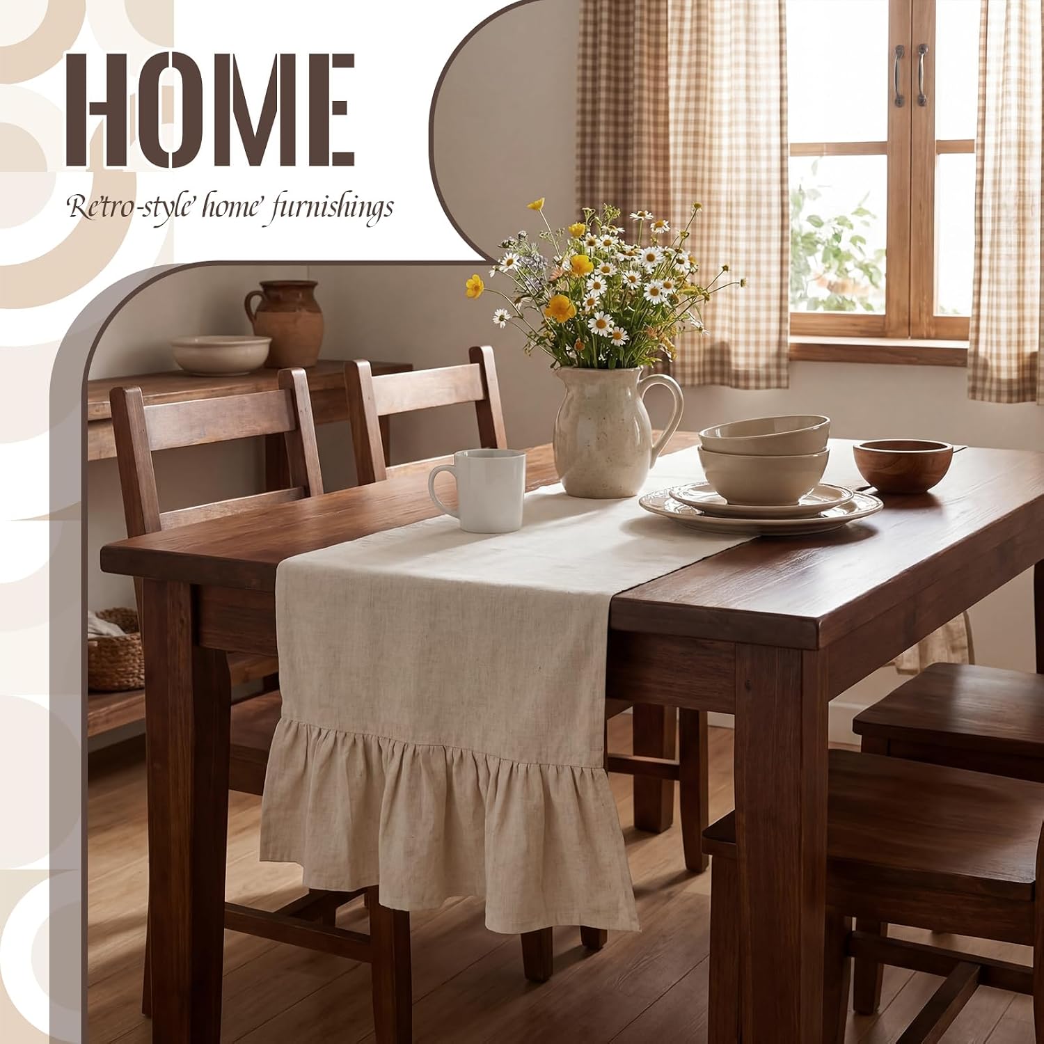 Gilprop Boho Table Runner Linen Farmhouse Table Runners with Ruffle Hem Rustic Burlap Home Party Decoration for Living Room(13 x 72 Inch,Linen Beige)