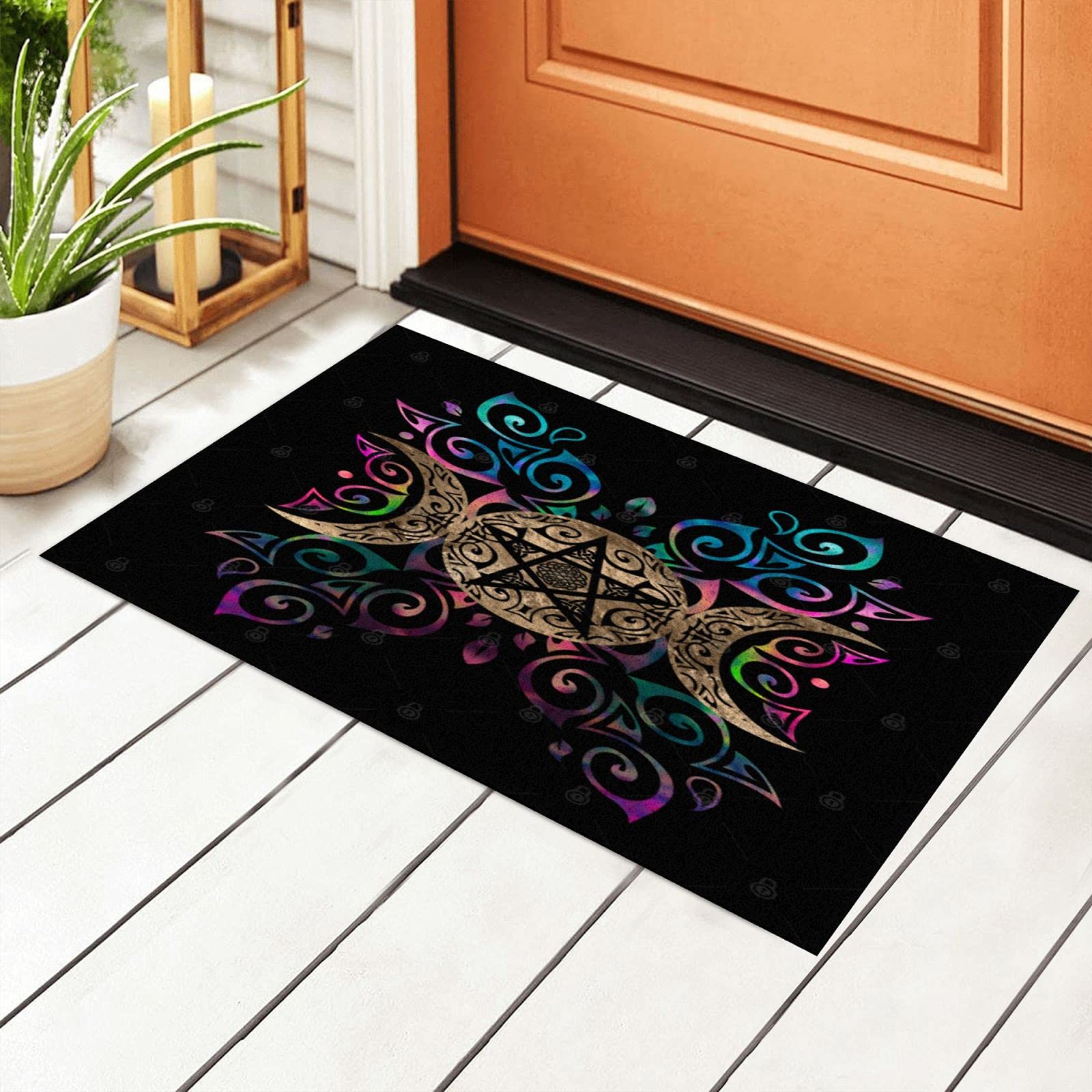 Triple Moon Pentagram Goddess Wican Art Door Mat Outdoor Rug Non Slip PVC Doormat Front Indoor Outdoor Doormats PVC Backing/Bathroom/Kitchen/Bedroom/Entryway Floor Mats Carpet 23.6x15.7 Inch