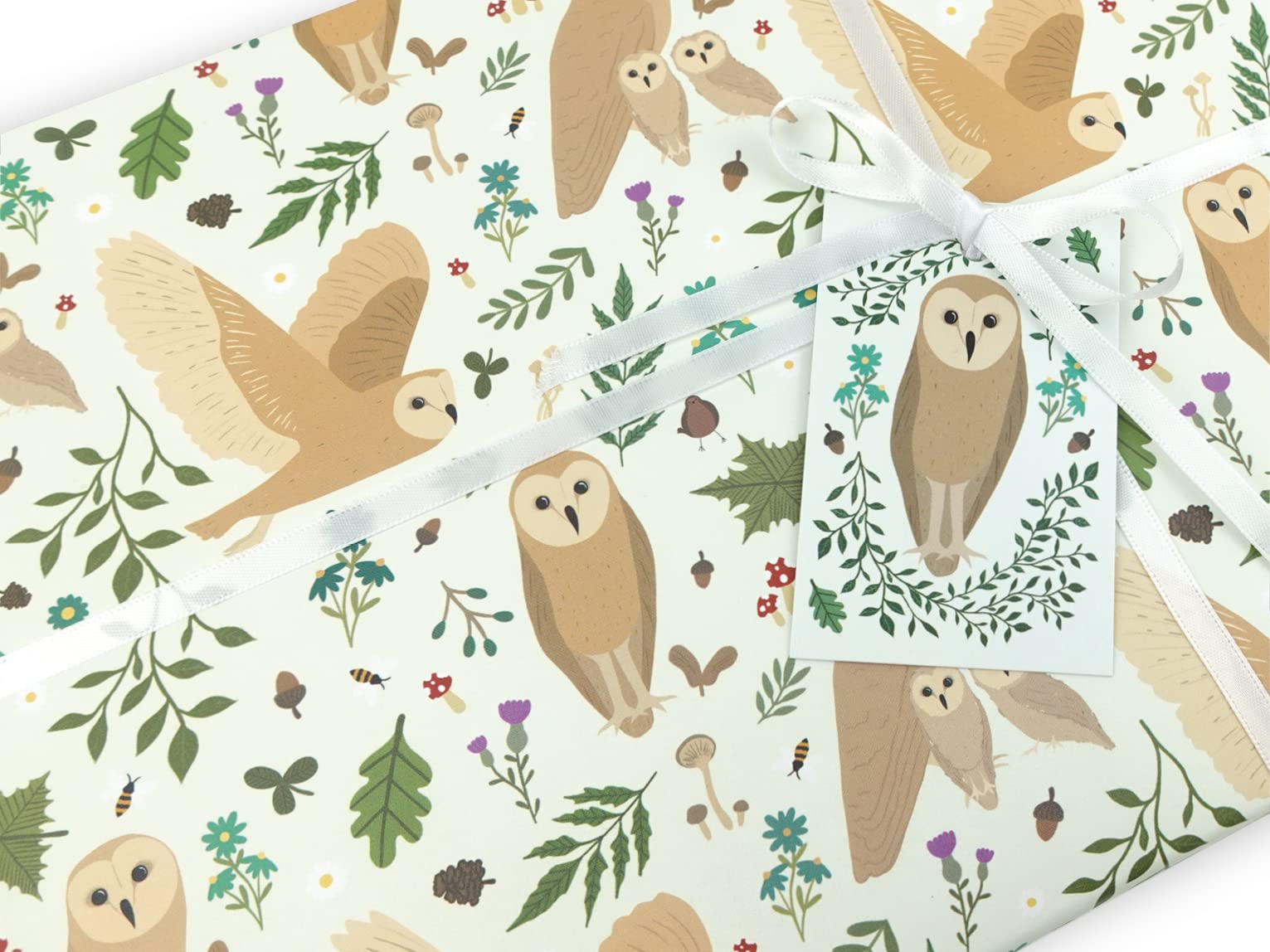 Animal wrapping paper | Handmade gift wrap by VerbatimART - 50x70cm (2 Sheets + 2 Tags, Woodland Owl) — image 1