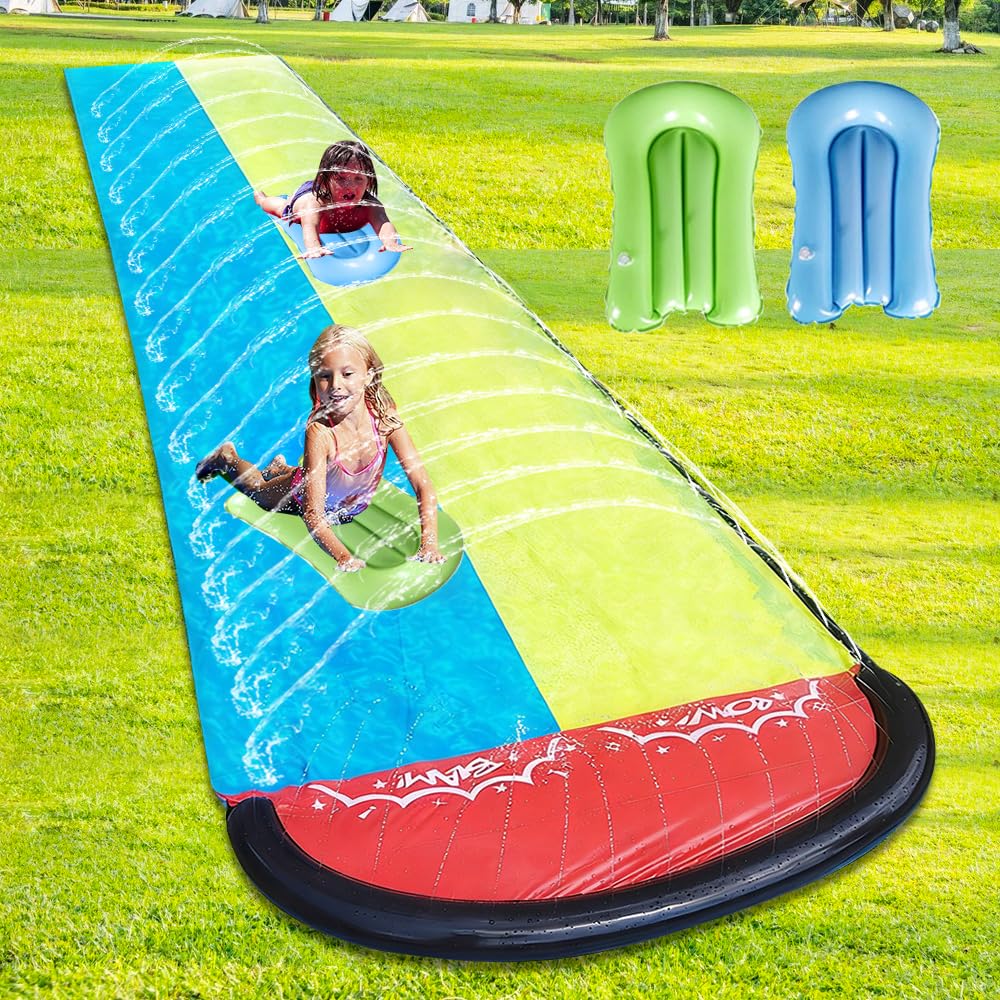 Toboggan Aquatique, 480 X 140cm Ventre Glisse avec 2 Bodyboards, Toboggan Aquatique à Double Piste avec Arroseur Intégré, Tapis de Glisse Eau Enfant Adulte pour Le Jardin, Piscine, Extérieu