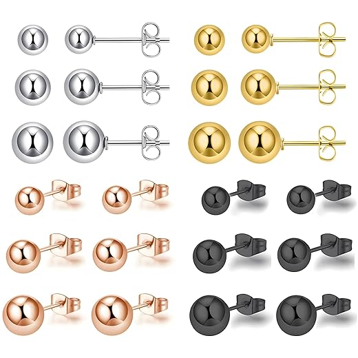 12Pairs 20G Mix Color Stainless Steel Ball Stud Earrings for Men Women Minimalist Sphere Cartilage Piercing Studs Earrings,Ball Hypoallergenic Jewelry,Mini Ball Earrings