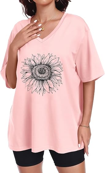 Oversized Tshirts for Women Graphic V Neck Summer Short Sleeve Loose Tees