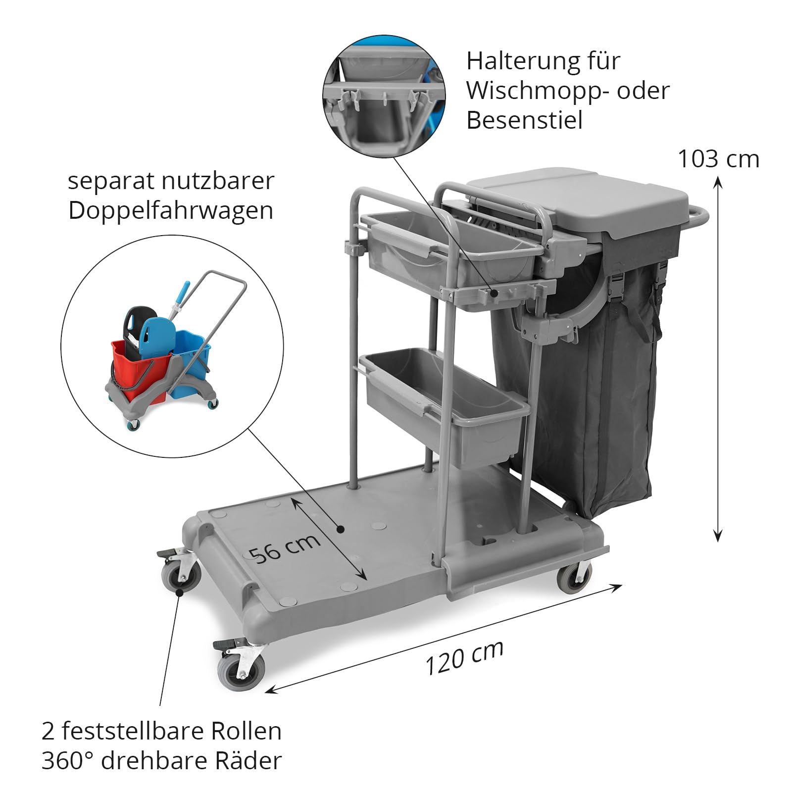 Hypafol Putzwagen Reinigungswagen 2x5 l + 2x18 l Eimer Doppelfahrwagen Moppresse Utensilbehälter Abfall-Eimer