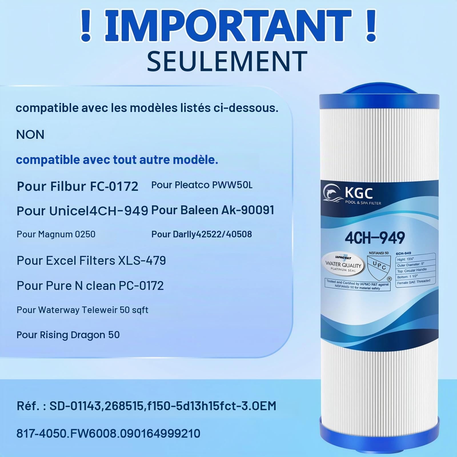 KGC 4CH-949 Cartouche de Filtre, Lot de 2 Filtre de Spa Compatibles avec Pleatco PWW50L, Filbur FC-0172, SD-01143, 817-4050, Waterway Teleweir 50 et Rising Dragon 50, Filtre pour Spa Piscine