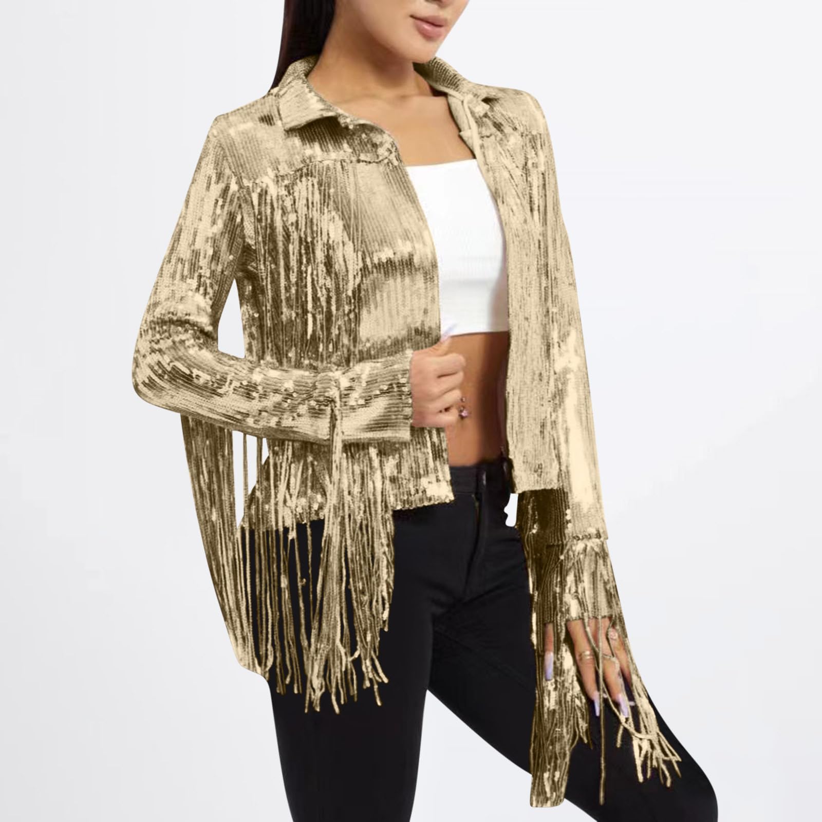 Teen Girls Glitter Pailletten Quaste Shirts Sparkle Fransen Pailletten Leichte Jacken Langarm Open Front Cropped Tops mit Kragen Shimmer Crop Shirt für Karneval Party Ausgehen