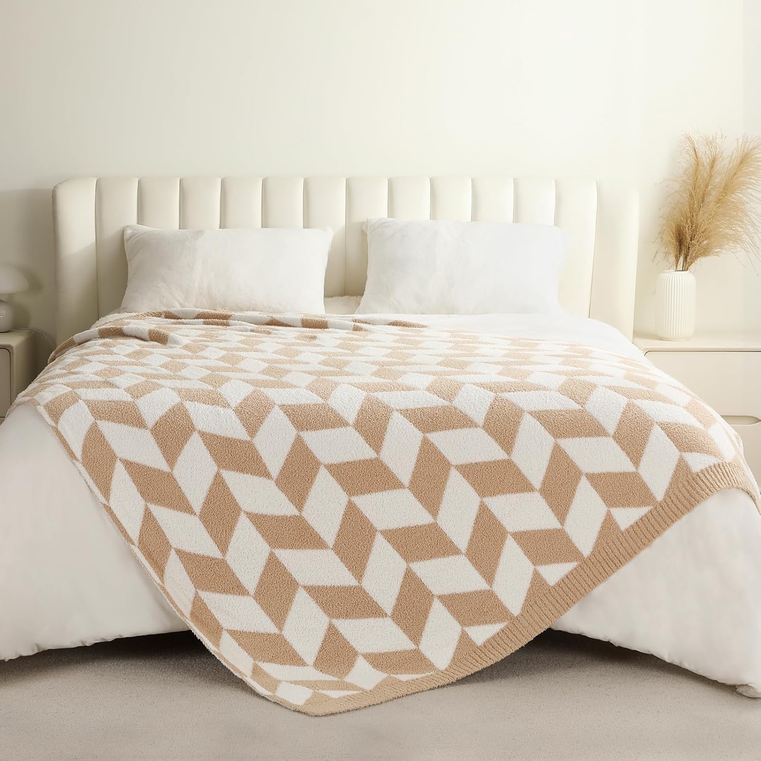 Snuggle Sac Beige Twin Size Blankets for Bed, Super Soft Warm Blankets Oversized Cozy Knit Fuzzy Blanket for Living Room, Chevron Beige,60x80 inches - Image 3