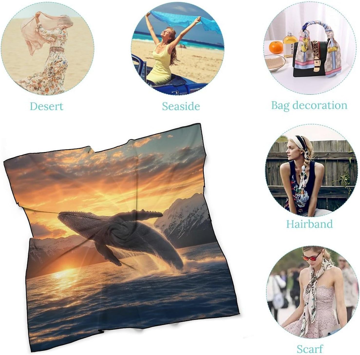 Whale Sea Underwater Animal Bandana Fashion Head Scarf Square Silk Scarf Print Neck Hair Scarfs for Women Men Gifts