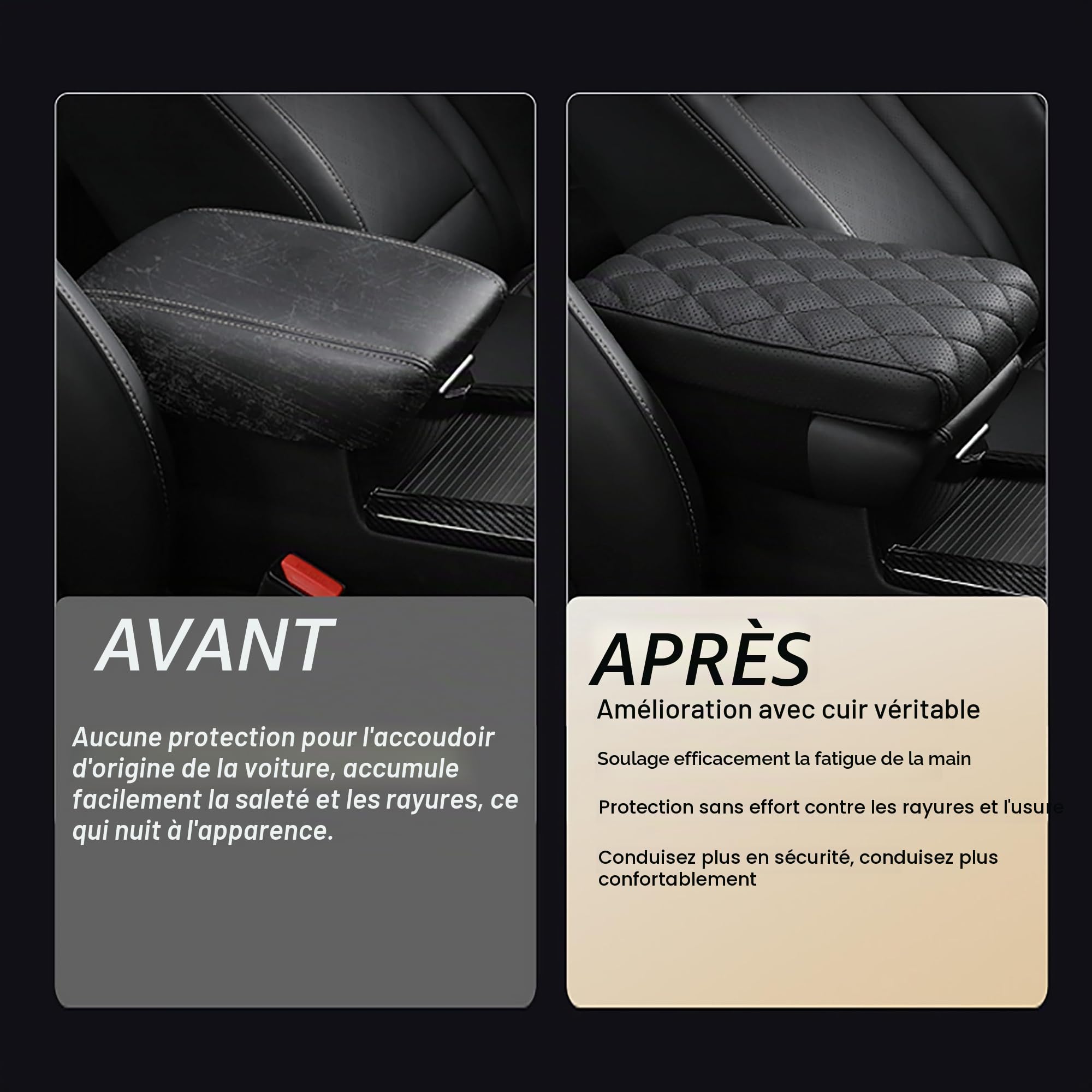 accoudoir voiture universel Coussin,Cuir de vachette veritable coussinet d'accoudoir,Housse de console centrale,Mousse memoire pad box(taille A 30x15x4.5 cm)