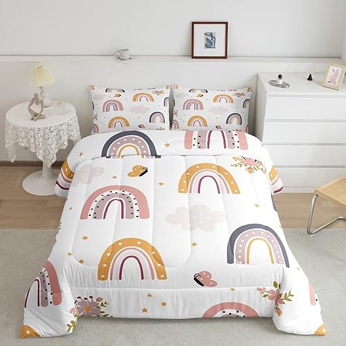Erosebridal Juego de ropa de cama matrimonial con diseño de arco iris para niñas, juego de edredón de mariposa de dibujos animados y flores, juego