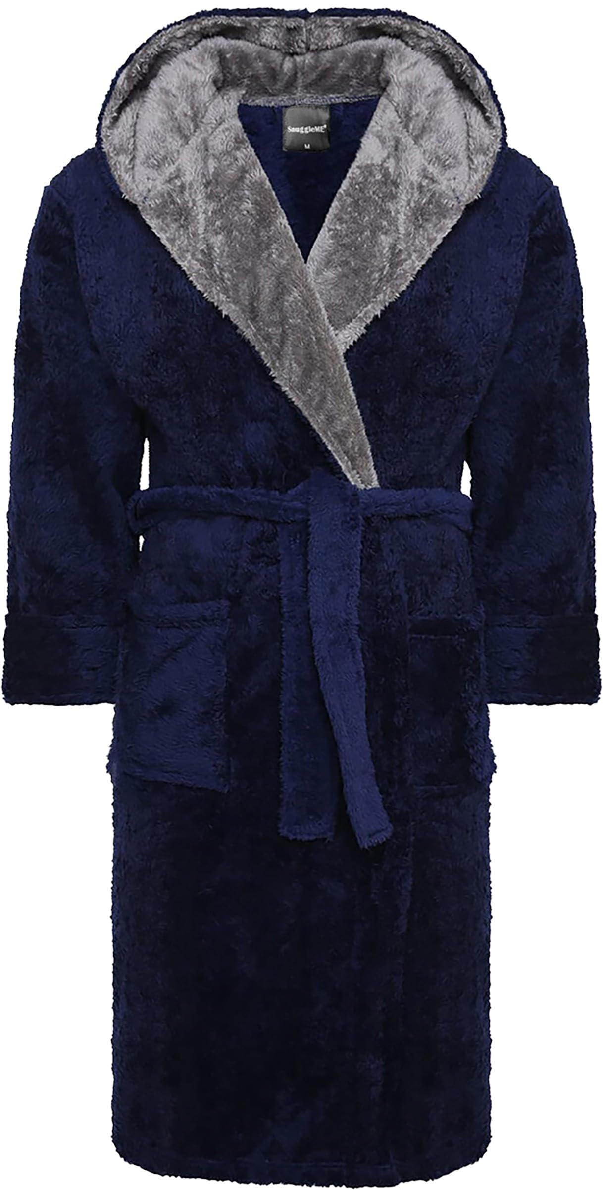Snuggleme Men's Navy/Grey Dressing Gowns For | Super Soft Snuggle Hooded Dressing Gown | Warm And Cozy Fleece Nightwear Robe | Gifts For Him L