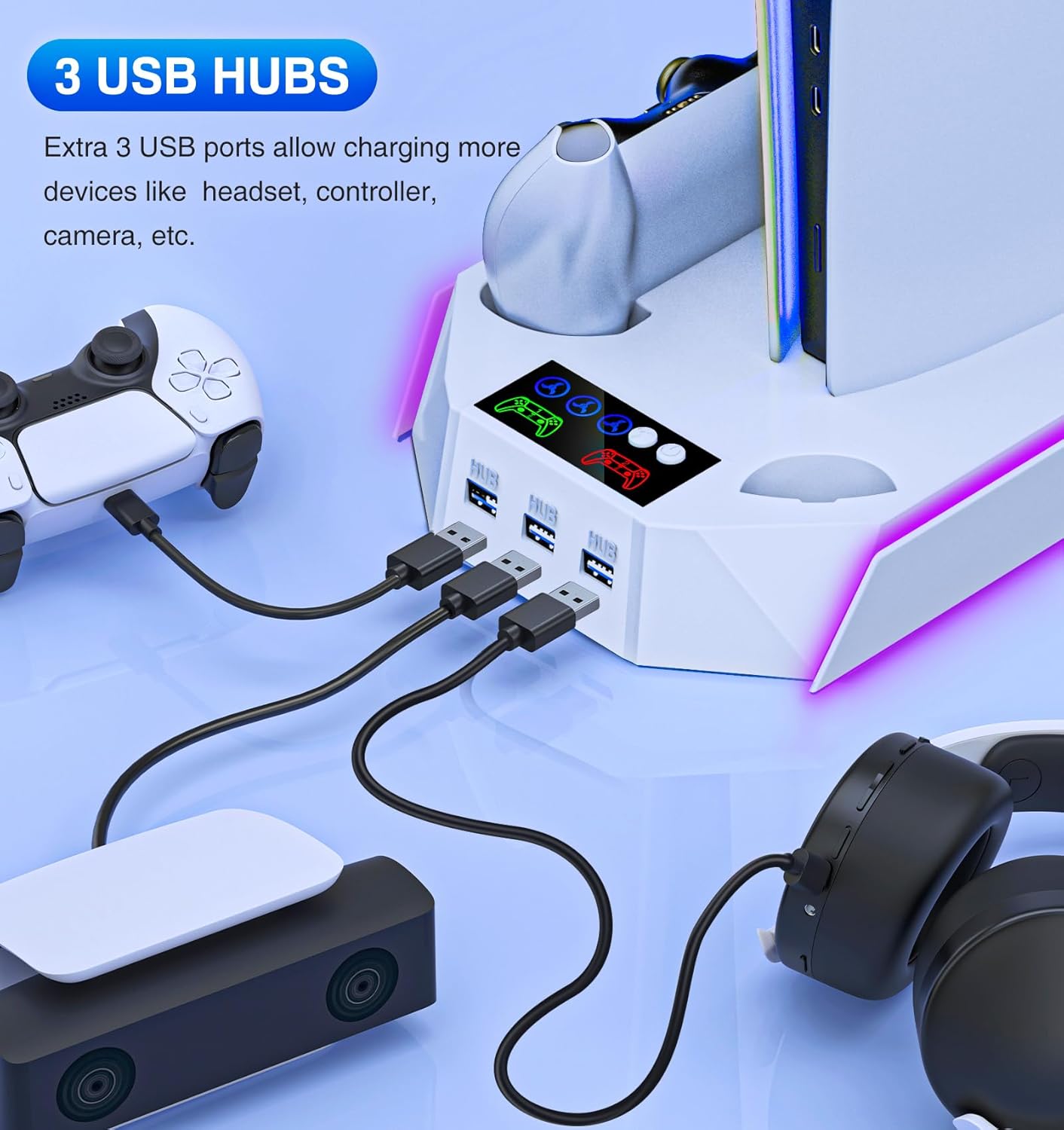 PS5/PS5 Slim Cooling Station with Controller Charging Station for Playstation 5 Console Disc/Digital, PS 5 Cooling Stand Accessories with LED Light/Charger/Cooler Fan/3 USB Hubs/Headset Holder/Screw - Image 5