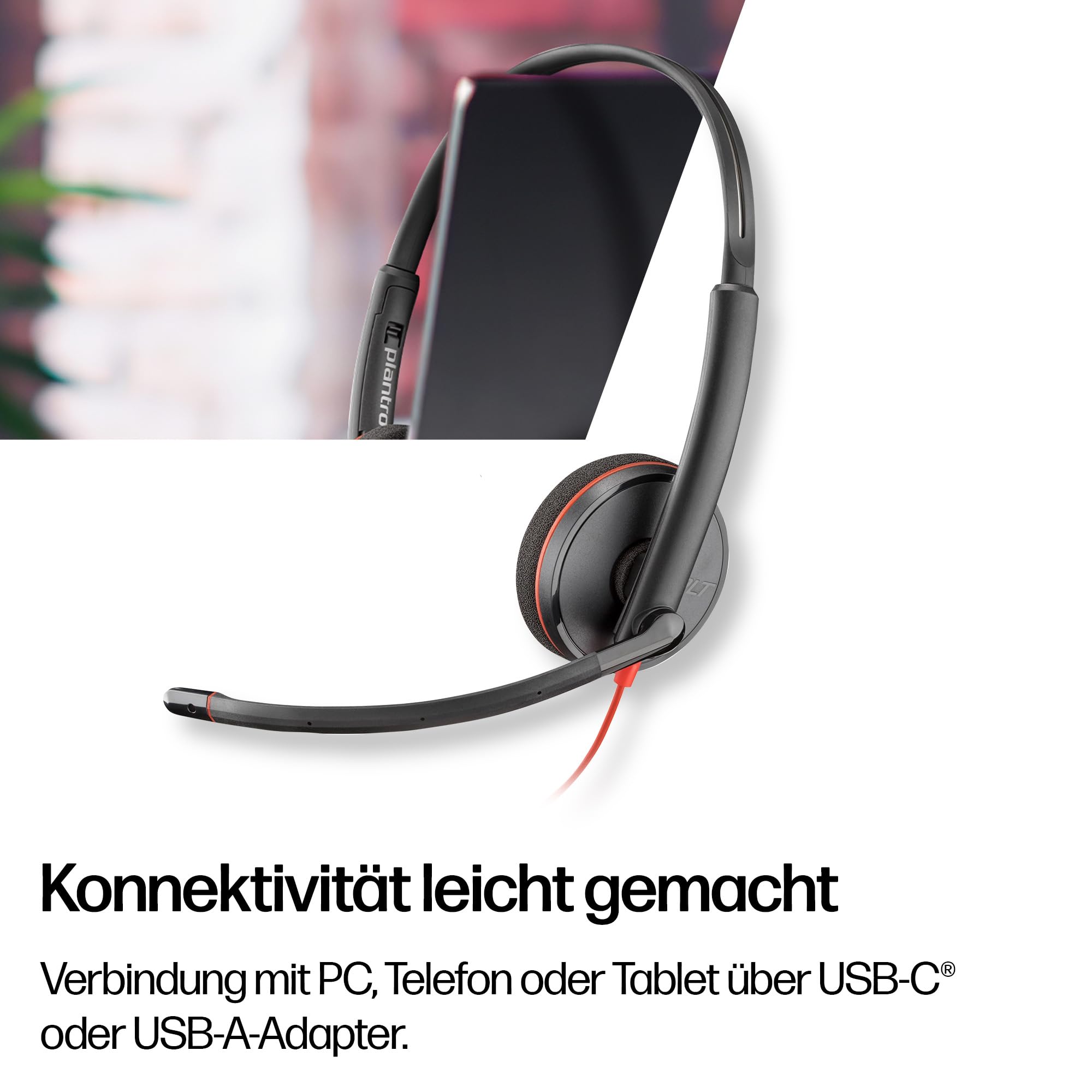 Poly Blackwire 3220 schnurgebundenes USB-C-Headset, Noise Cancelling-Mikrofon, Stereo-Design, Verbindung mit PC/Mac über USB-C oder USB-A, Kompatibel mit Teams/Zoom, SoundGuard-Technologie
