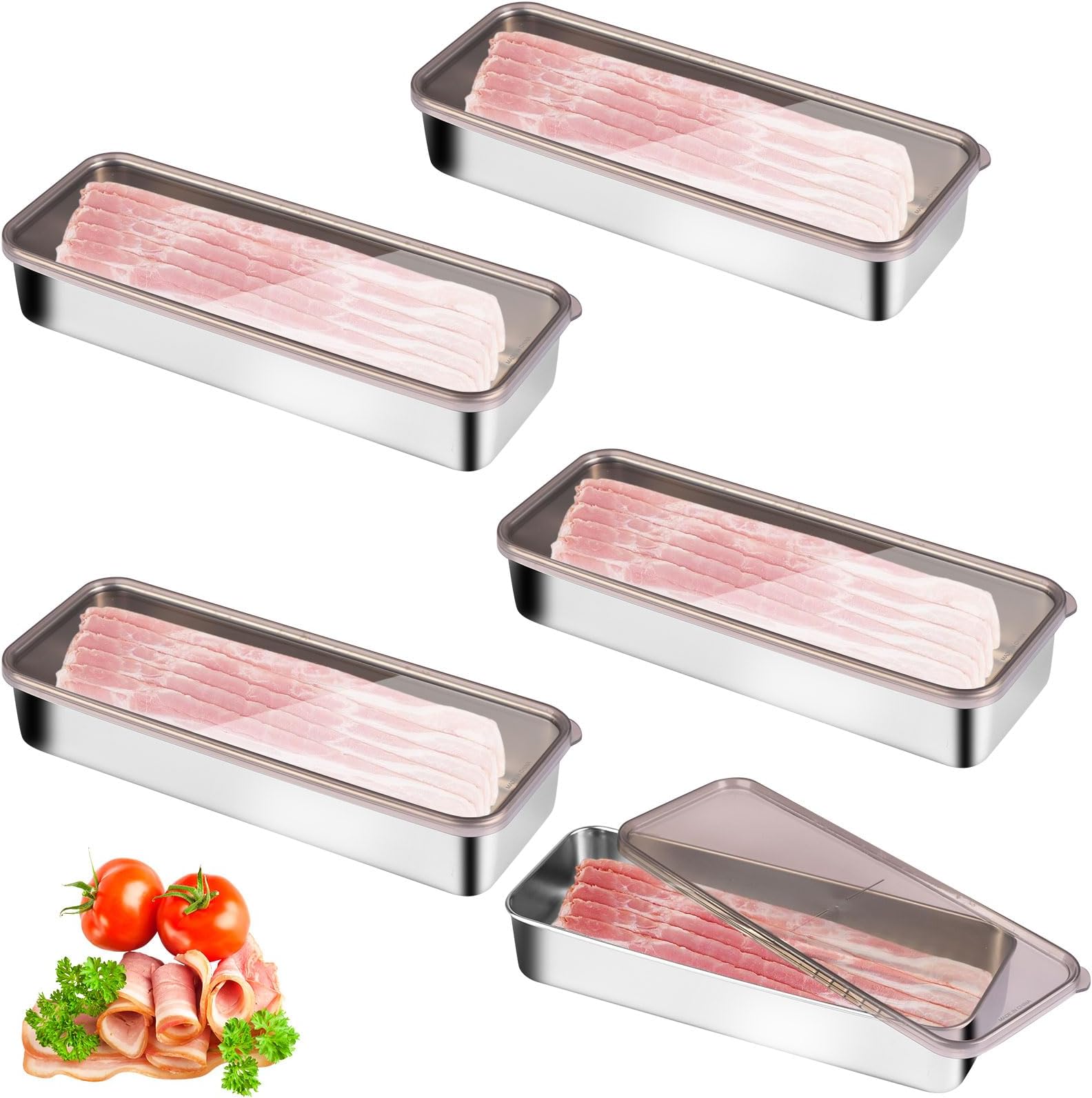 4 Pcs Bacon Container for Refrigerator 1200 Ml Airtight Cheese Container for Refrigerator 304 Stainless Steel Long Deli Meat Storage Containers Dishwasher Safe Kitchen Food Storage Container with Lid