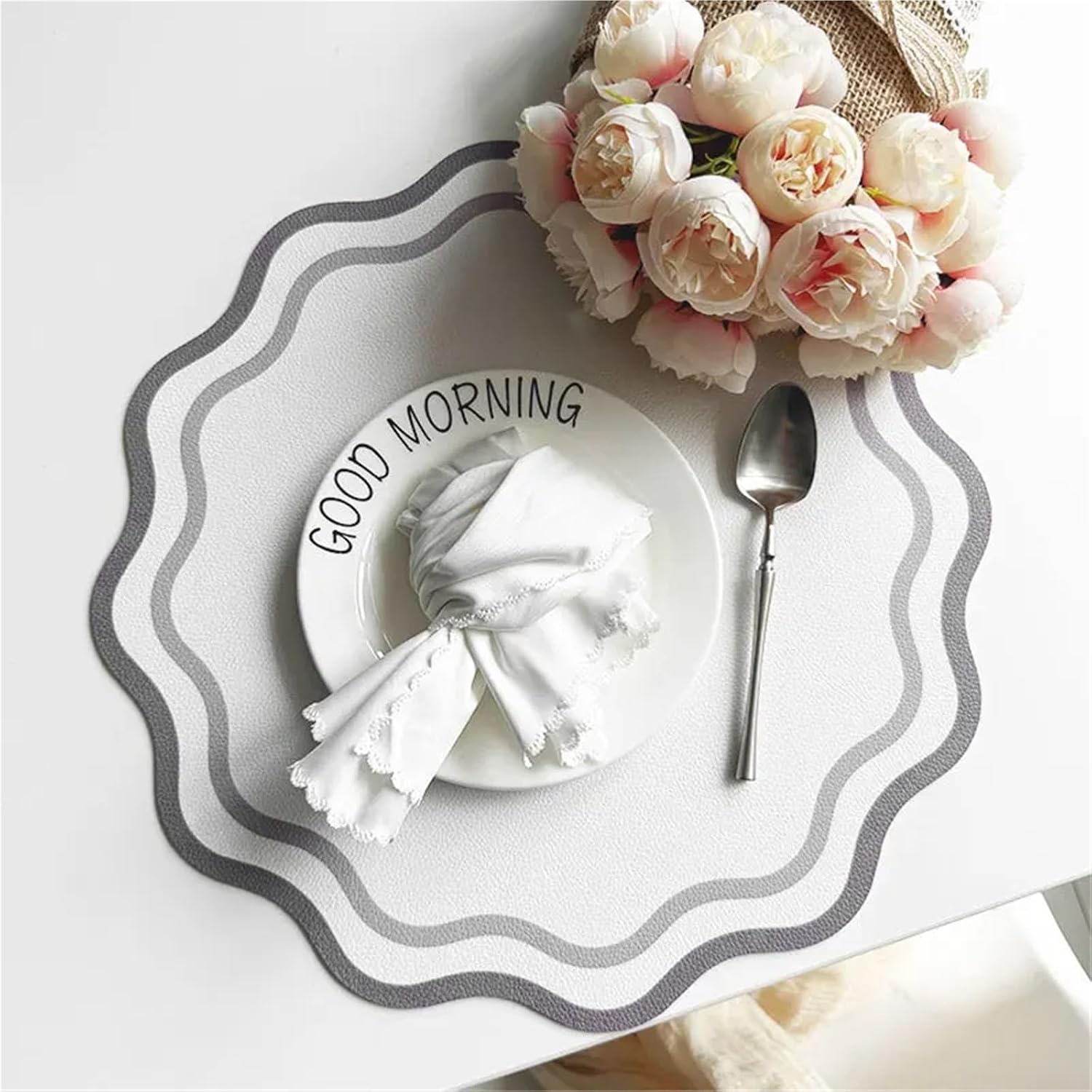 Sage Green Gift Placemats Faux Leather Round Reversible Placemats with Scallop Edge Washable Flower Shaped Table Mats(FPP Grey,4pcs Round 34cm)