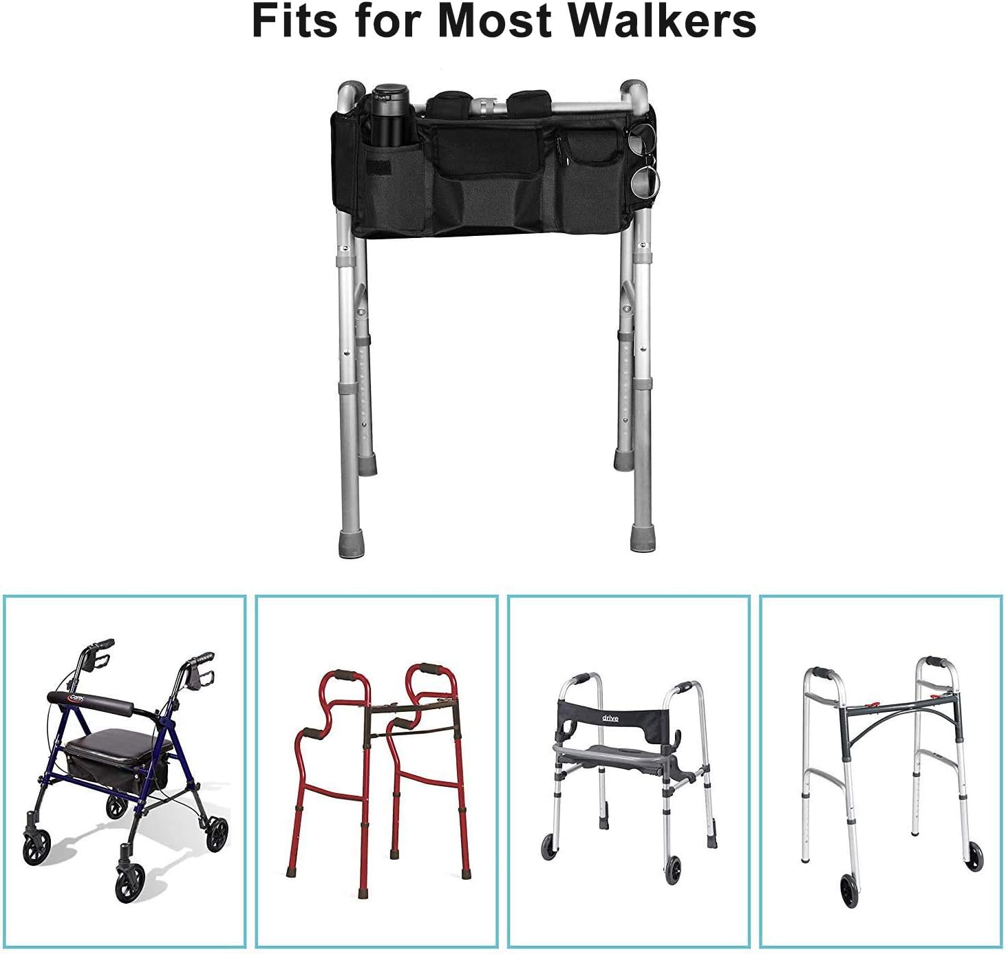 supregear Walker Bag, Folding Walker Basket Organizer Pouch Tote with Multiple Pockets and Zippered Compartment for Walker Rollator Scooters Wheelchair, Hook & Loop Design Storage Bag (Black) : Health & Household