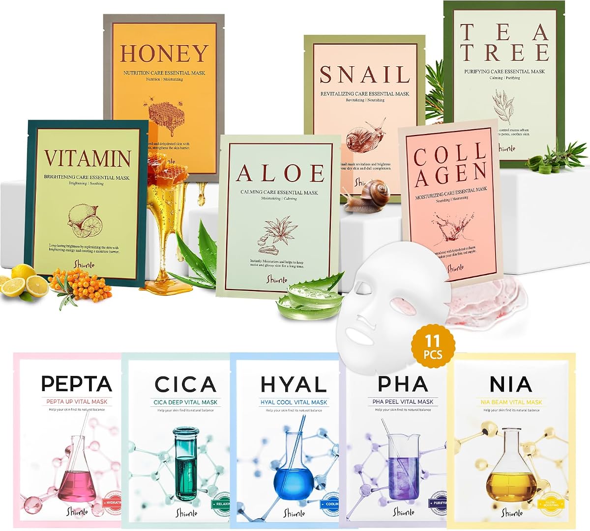 11 Combo Pack A+B Vital & Essential Face Mask Sheet 11 Types Variety Set, Premium K-cosmetics Korean Skincare, Moisturizing Treatment Mask, Natural Home Spa Self Care For All Skin Types