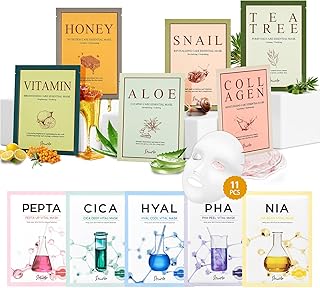 SHIONLE 11 Combo Pack A+B Vital & Essential Face Mask Sheet 11 Types Variety Set, Premium K-cosmetics Korean Skincare, Moisturizing Treatment Mask, Natural Home Spa Self Care For All Skin Types