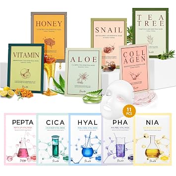 11 Combo Pack A+B Vital & Essential Face Mask Sheet 11 Types Variety Set, Premium K-cosmetics Korean Skincare, Moisturizing Treatment Mask, Natural Home Spa Self Care For All Skin Types