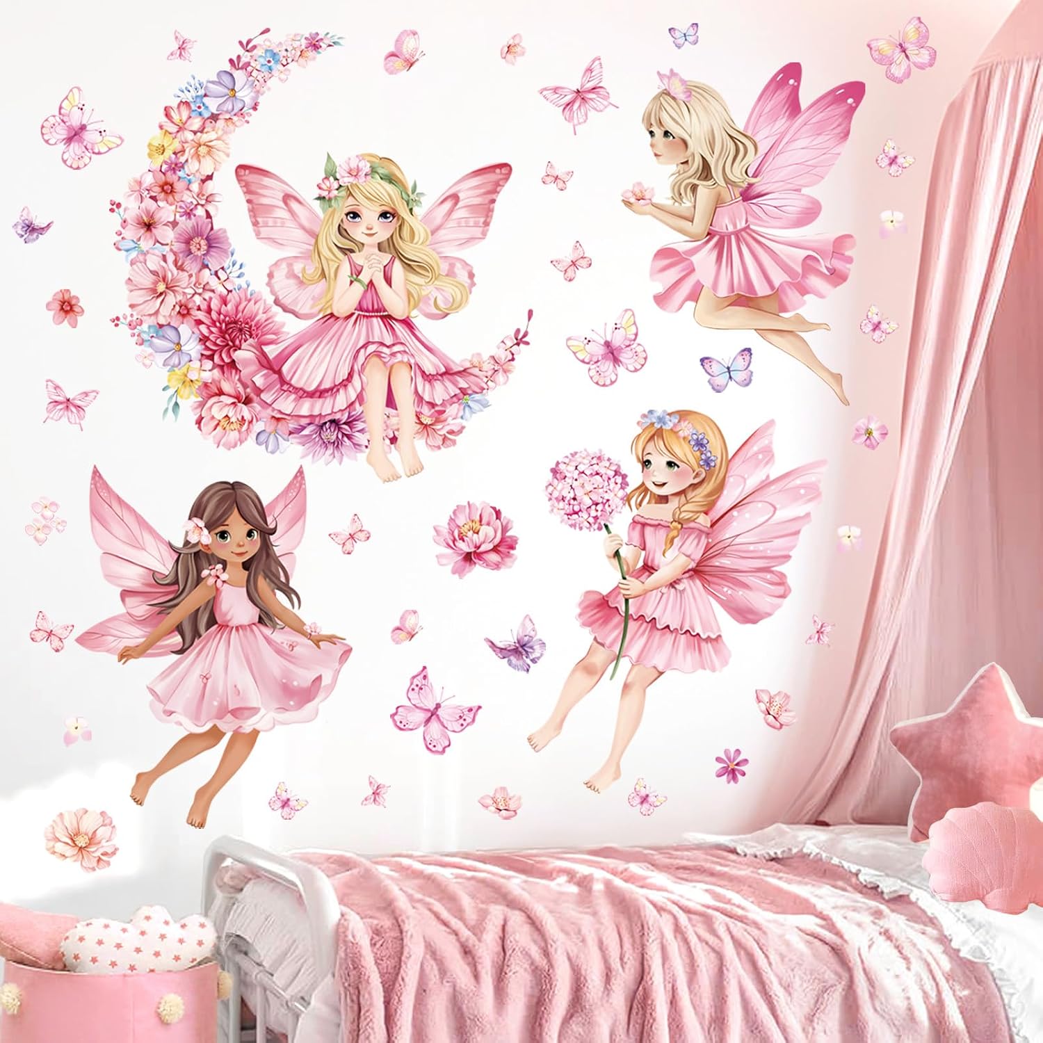 decalmile Pink Fairy Flower Butterfly Wall Decals Stickers image 3