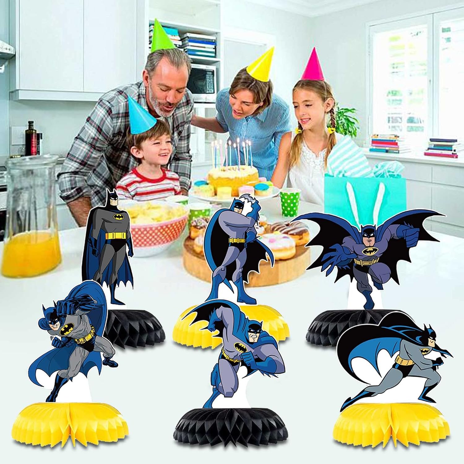 Bat-Man Birthday Party Supplies - 6pc Bat Hero Theme Table Centerpieces, Double Side Honeycomb Table Decorations, Cake Toppers, Photo Booth Props, for Boys and Girls Party