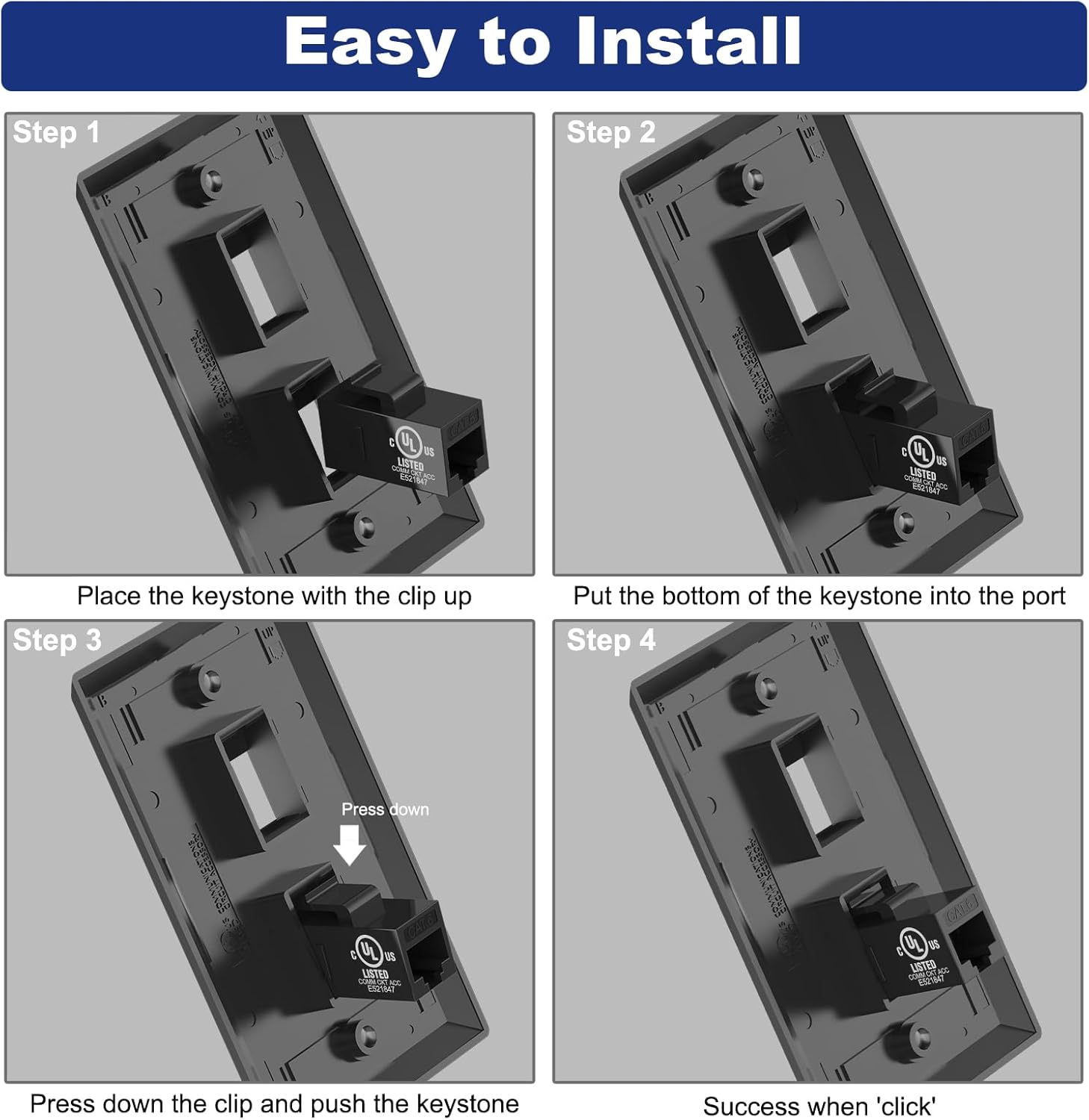 VCE Ethernet Wall Plate 2-Port (UL Listed), Cat6 Female to Female Wall Jack, RJ45 Keystone Inline Coupler Wall Outlet, Black (1-Pack)