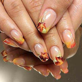 Fall Yellow Press-On Short Square Fake Nails With Lightning French Tip Designs, Maple Leaf Artificial Full Cover Stick-On for Thanksgiving, Glue-On Nail Art DIY for Women