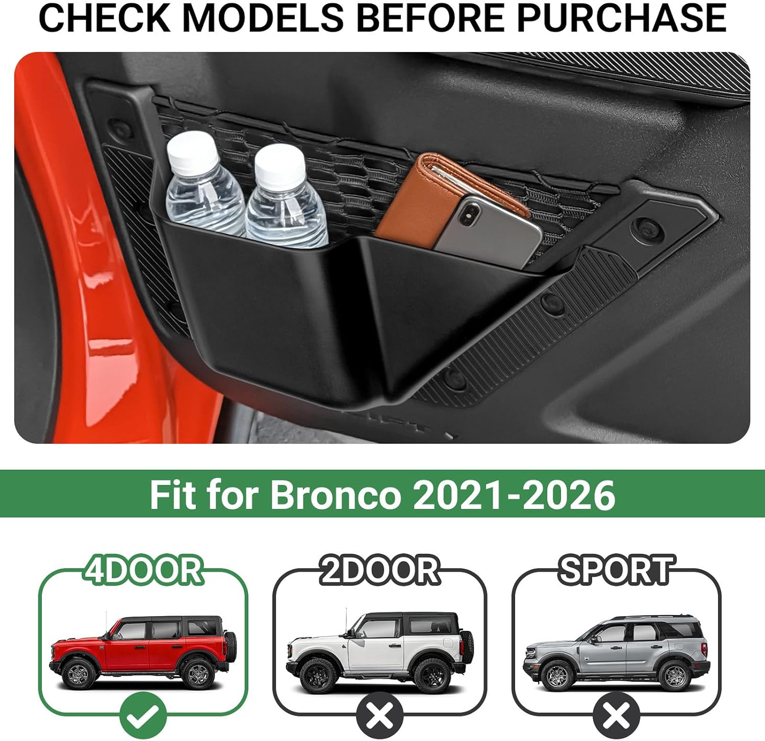 4PCS Door Storage Pockets for Ford Bronco 2021 2022 2023 2024 2025 2026 Accessories Front and Rear Door Side Box Cup Holder Organizer Interior Expansion Frame Trim Black (Not for Sport)