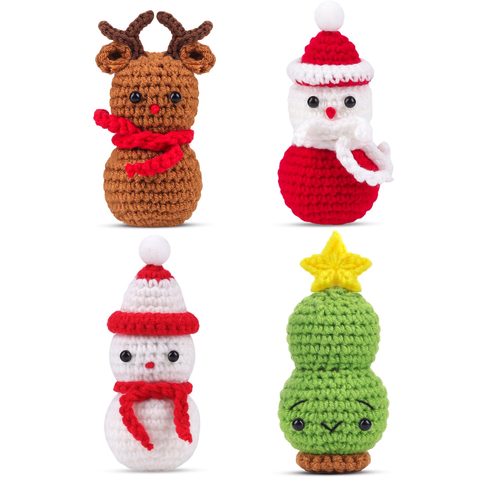 Anboor4 Pcs Mini Christmas Dolls,Funny Knitted Snow Man Tree and Reindeer,Small Crochet Xams Doll Toy Set for Birthday Holiday Party Decorations