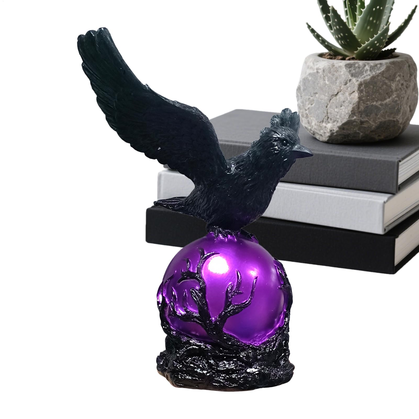 Lampada Corvo Arredamento Casa Gotico Con Estetica Scuro | Luce notturna Corvo Nero con Sfera Viola per Camera da Letto Soggiorno Ufficio Comodino Decorazione Interna