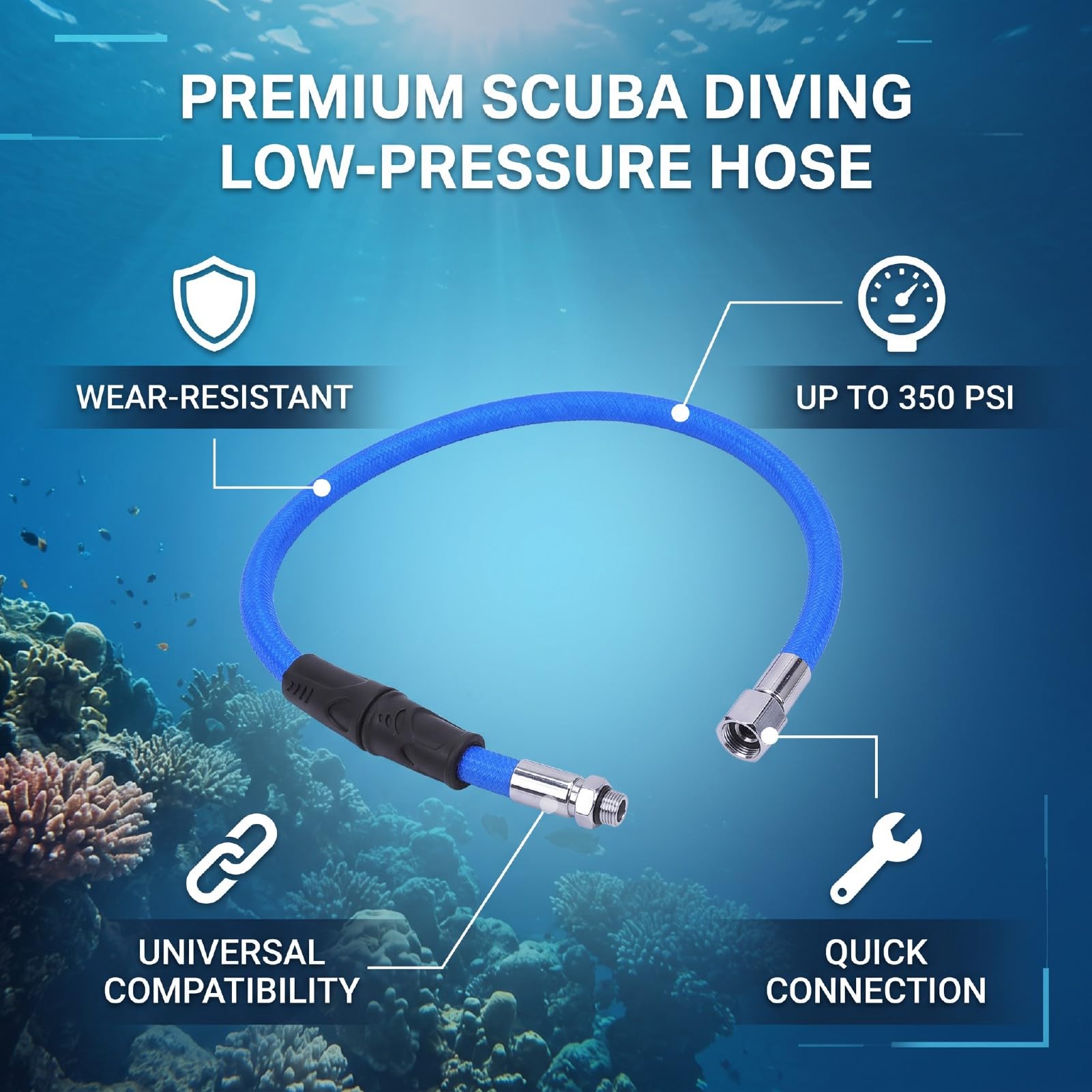 Tubo di Bassa Pressione per Immersione 350PSI, per BCD Standard | Tubo gonfiabile LP a prova di perdite, filo in aramide, connettore rapido, per erogatore per immersioni subacquee