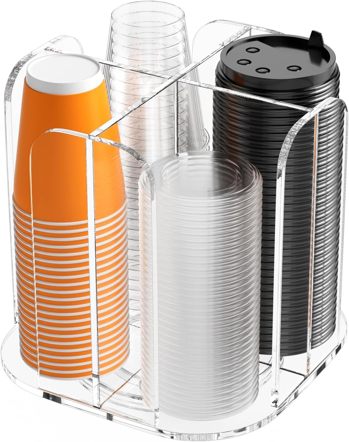 Beego Rotatable 4-Compartment Acrylic Cup Dispenser - Coffee Station Cup and Lid Carousel Countertop Plastic Cup Holder for Restaurant Breakroom Coffee Bar 4 Compartments Clear