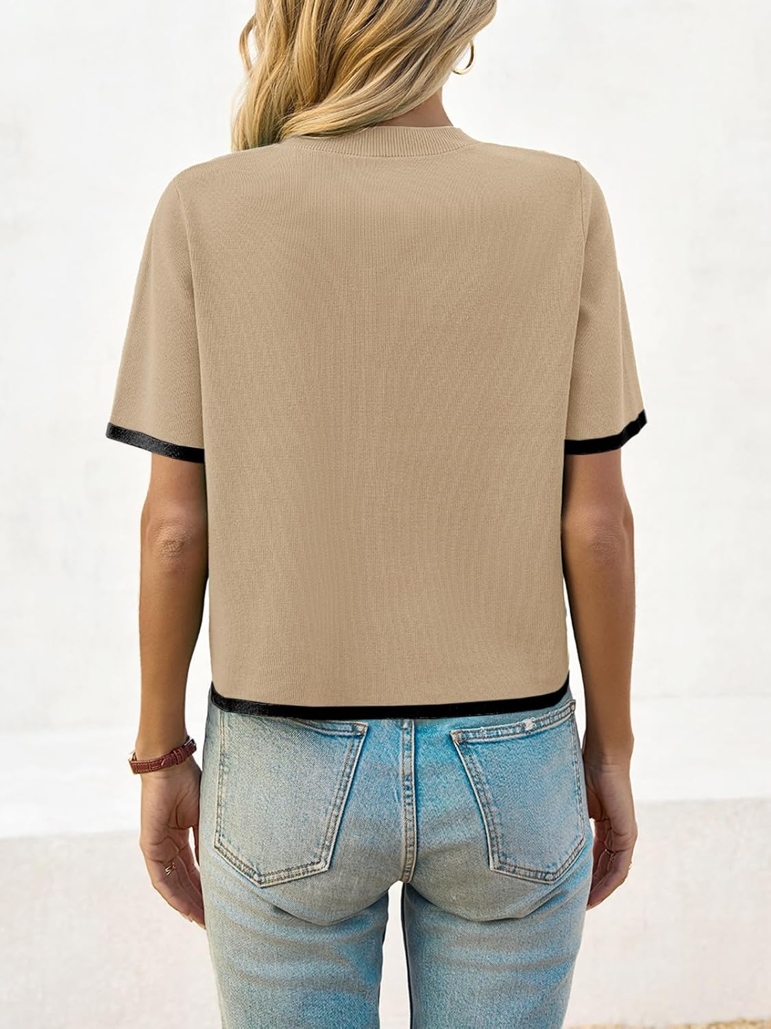 Saodimallsu Women's Short Sleeve Color Block Crew Neck Sweater - Image 5