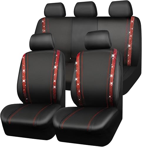 Miniatura 237 de CAR PASS Funda de asiento trasero de cuero y diamantes de imitación brillantes, impermeable, diseño de diamante brillante, ajuste universal, tiras