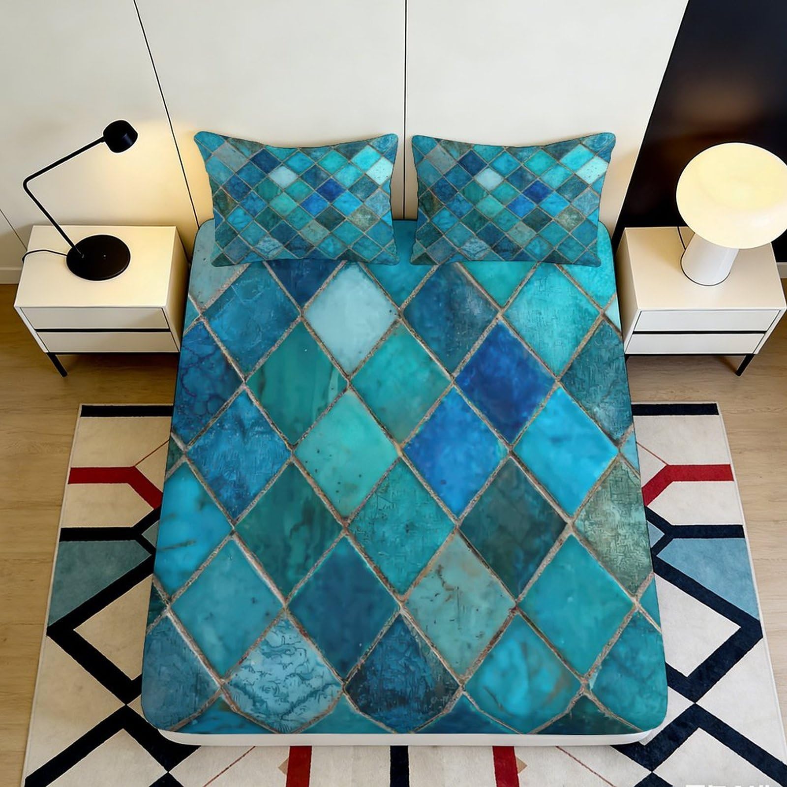3D Printed Ocean Mosaic Fitted Sheet Microfiber Soft Breathable Blue Tile Mattress Cover for Bedroom Decor 90x200x25cm