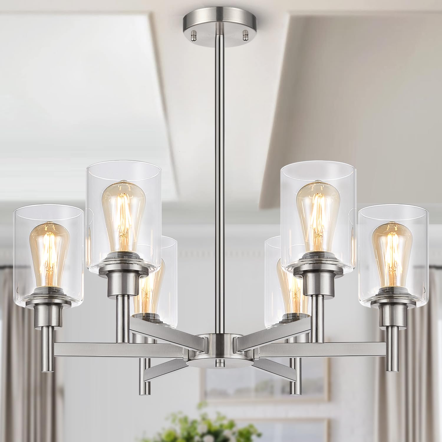 Photo 1 of Black Chandeliers, 6 Light Dining Room Light Fixtures Over Table, Farmhouse Chandeliers for Dining Room with Clear Glass Shade for Kitchen Island Living Room Bedroom Bathroom, Height Adjustable