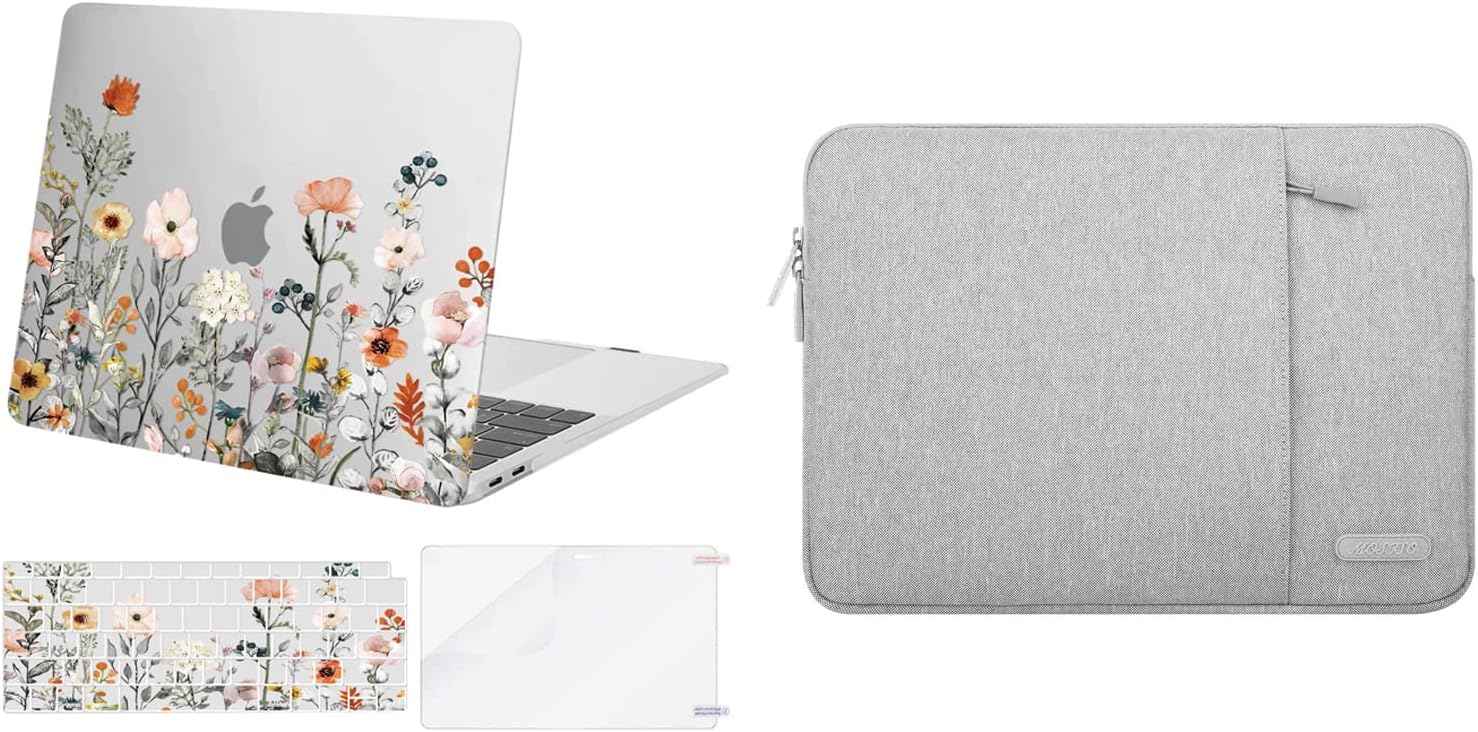 MOSISO Compatible with MacBook Air 13 inch Case 2022-2018 A2337 M1 A2179 A1932, Vertical Sleeve Bag&Plastic Garden Flowers Hard Case&Keyboard Cover&Screen Protector, Transparent&Gray