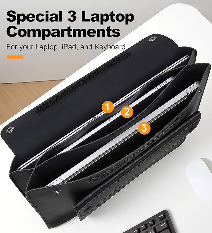 Funda para laptop Lacdo 14 pulgadas, cuero negro, 3 compartimentos miniatura 2