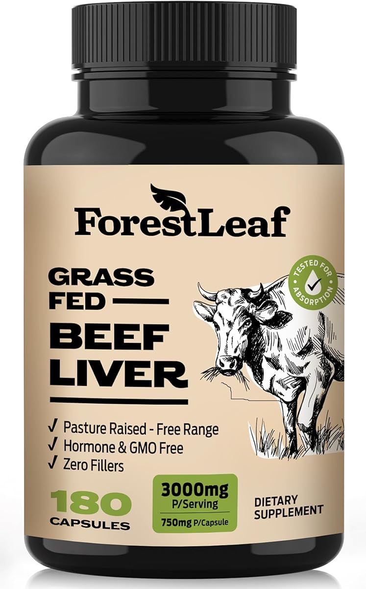 ForestLeaf Grass Fed Beef Liver Capsules, 3000mg Per Serving, Supports Immunity & Body Wellness, Cleansing, Digestion, Natural Iron, Vitamin A and B12, Freeze Dried Beef Liver Supplement, 180 Caps