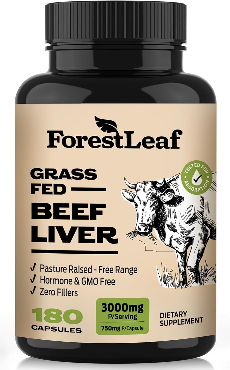 ForestLeaf Grass Fed Beef Liver Capsules, 3000mg Per Serving, Supports Immunity & Body Wellness, Cleansing, Digestion, Natural Iron, Vitamin A and B12, Freeze Dried Beef Liver Supplement, 180 Caps