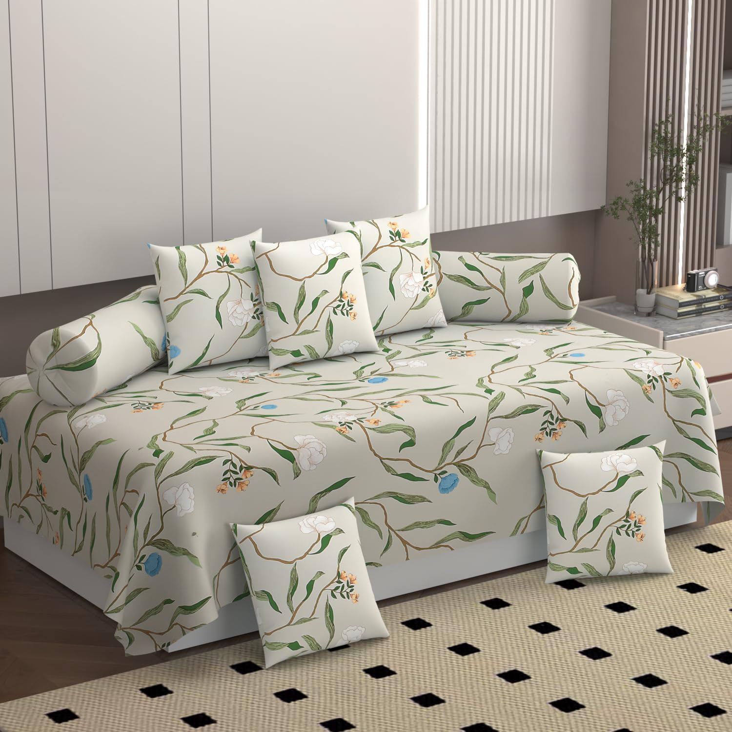 Diwan Set of 8 Pieces - 1 Single Bedsheet, 2 Bolster Covers, 5 Cushion Covers - 100% Microfiber for Living Room and Dining Hall (Beige)-image-48