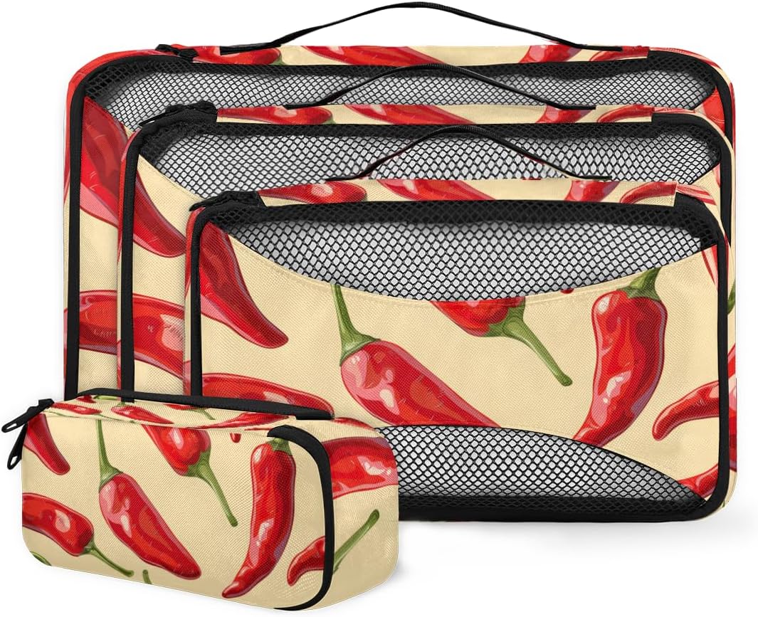 Chili Pepper Red Pattern 4 Set Packing Cubes Packing Cubes for Women Lightweight Travel Essential Bag Clothes Carry on Suitcase Bags for Accessories Essentials