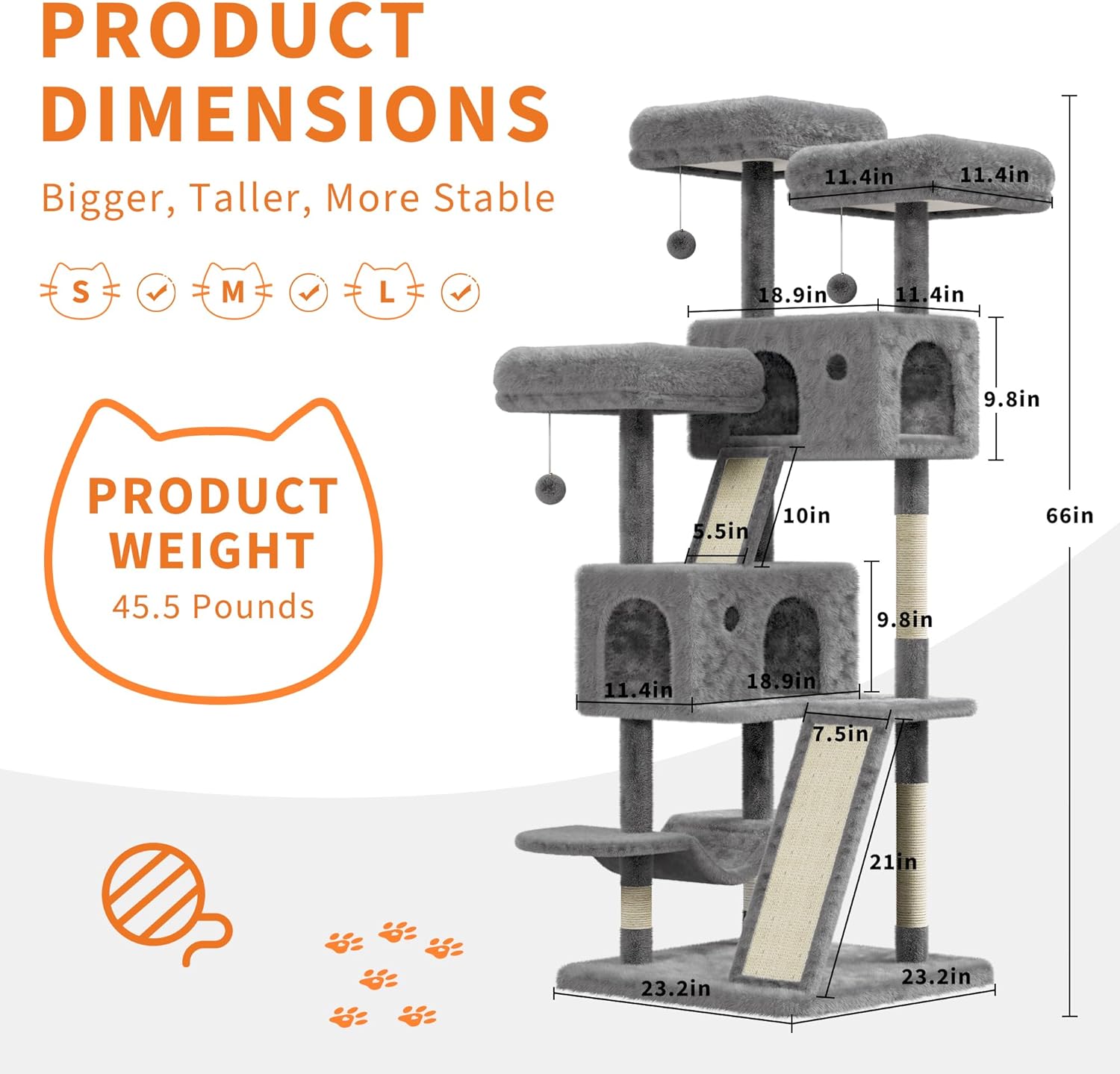 Large Cat Tree for Big Cats 66 in Multi-Level Tower with Spacious Condos Hammock Perches Sisal Posts & Hanging Balls for Indoor Play and Rest