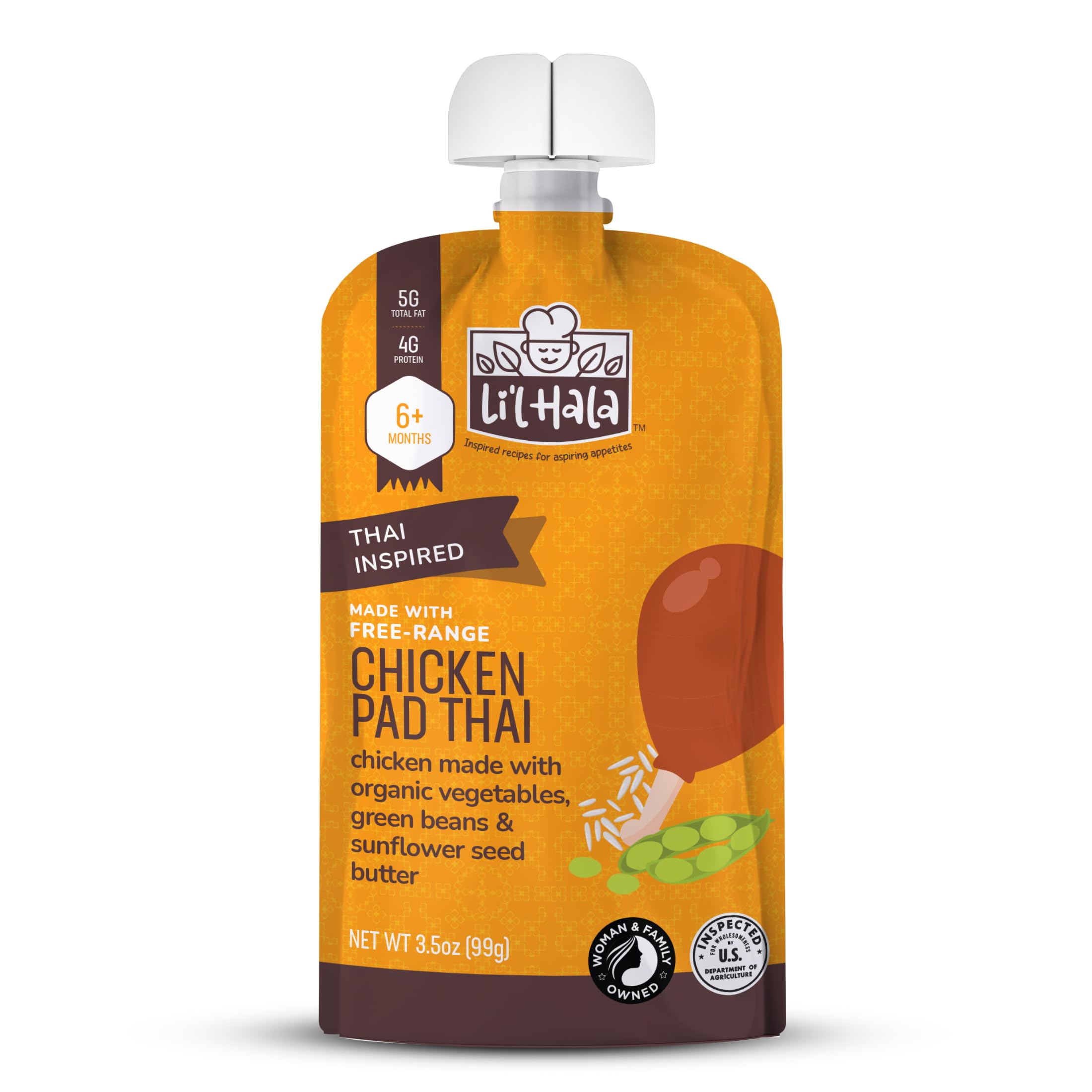 Li’l Hala Chicken Pad Thai – Baby or Toddler Food Pouch (6+ Months) – Free-Range Chicken & Organic Vegetables – No Added Hormones – 3.5 oz - Pack of 12 Pouches
