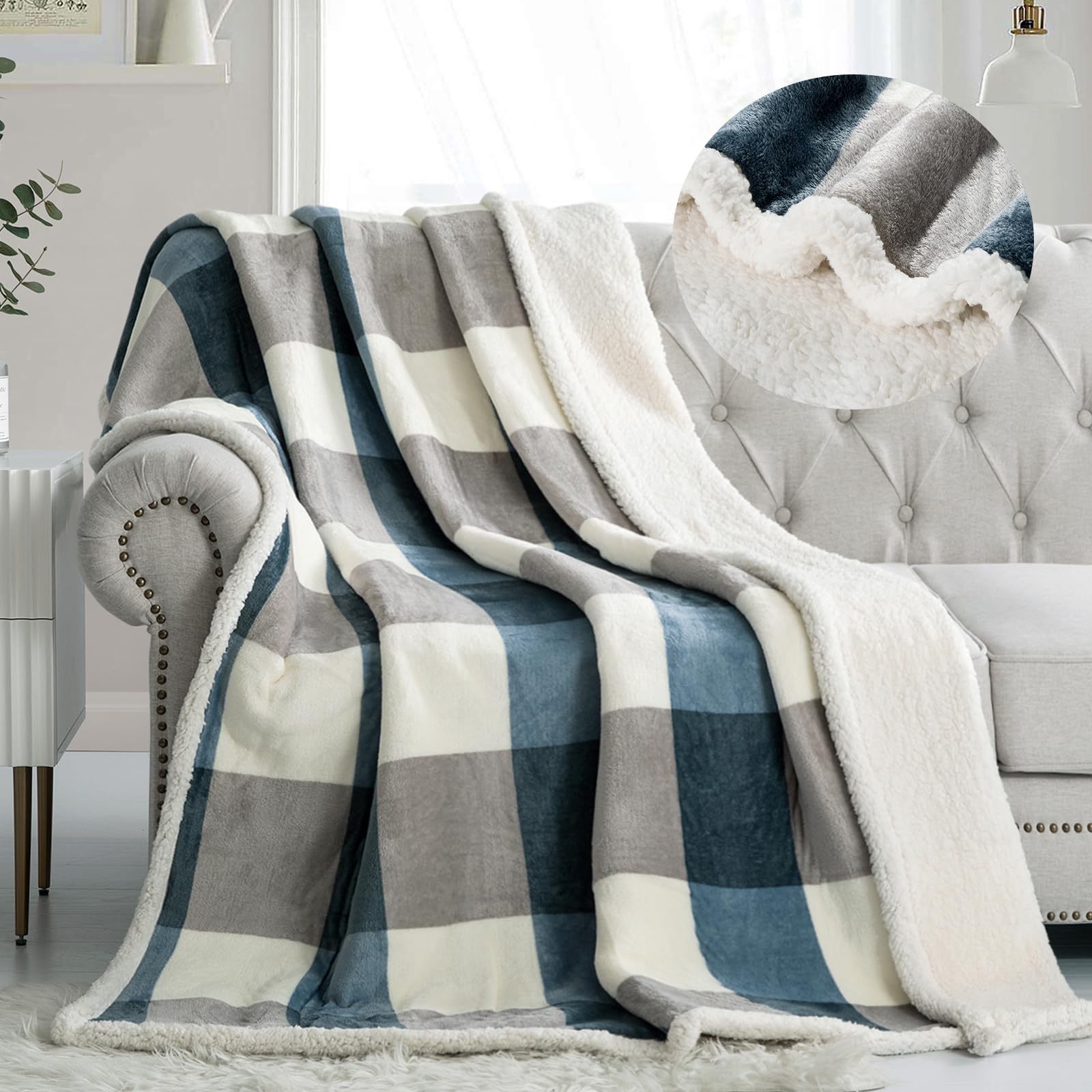 PU MEI Sherpa Fleece Throw Blanket 60" x 80" Reversible Plush Fluffy Large Big Blanket Lattice Flannel Blankets for Sofa Couch Bed (Grey-Soft Blue, 60"*80")